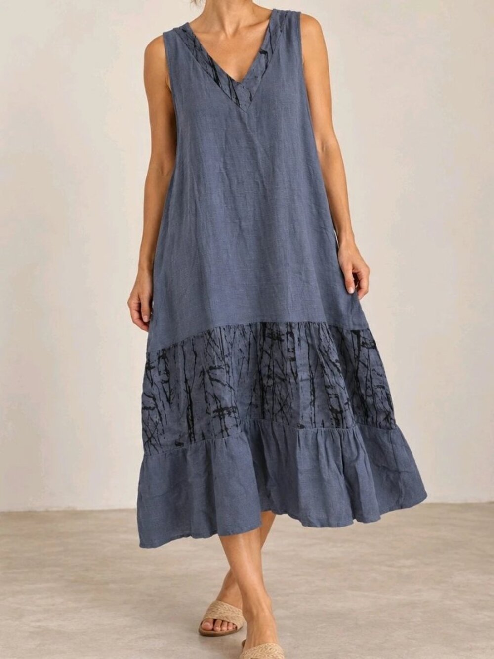 BOBORE 100% Linen Dress Womens L/XL Blue Sleeveless Tiered Boho Made Italy NWT